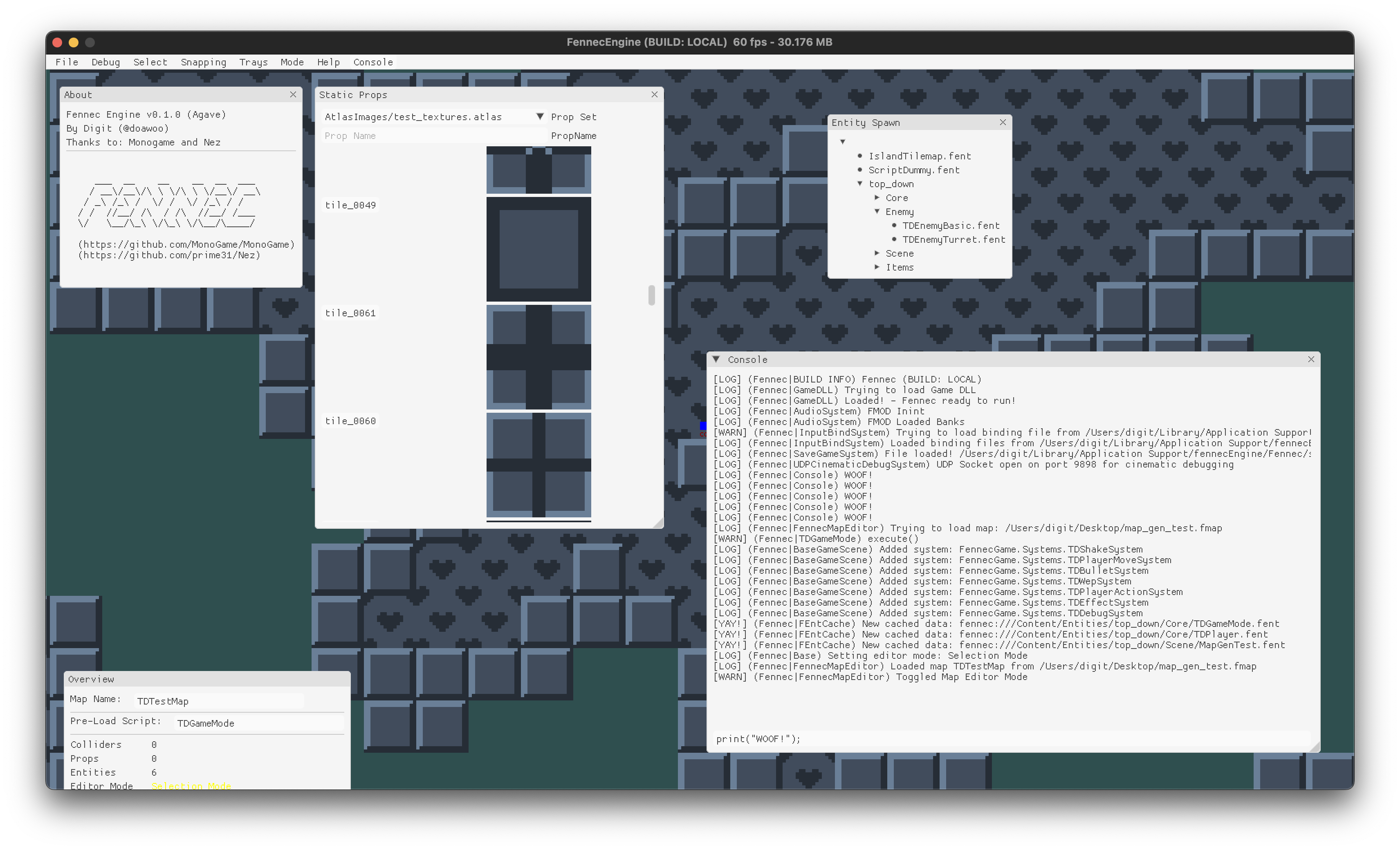 Image of the Fennec engine with a basic tile map open under the ImGUI based level editor